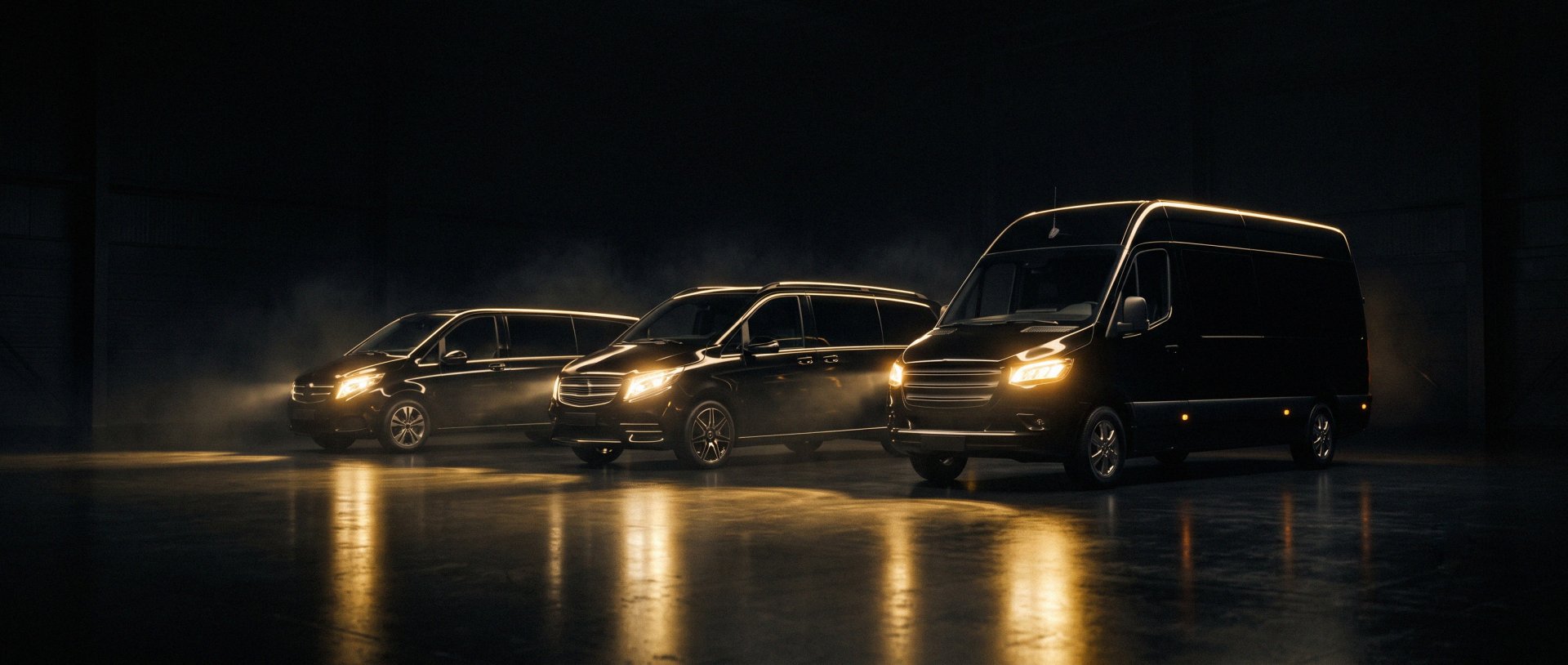 Tre van Mercedes-Benz allineati nella luce notturna