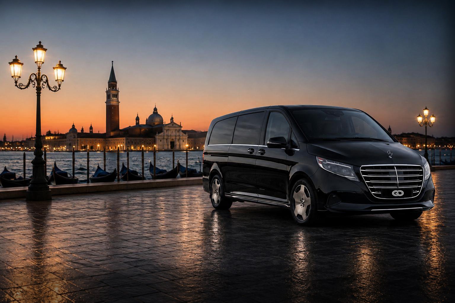 Van Mercedes-Benz nero fermo sulla riva veneziana al tramonto, con l’isola di San Giorgio Maggiore sullo sfondo