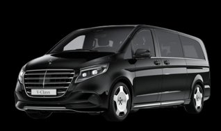 Black Mercedes-Benz V-Class, three-quarter view on a dark background