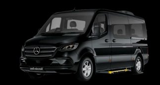 Black Mercedes-Benz Sprinter, three-quarter view on a dark background